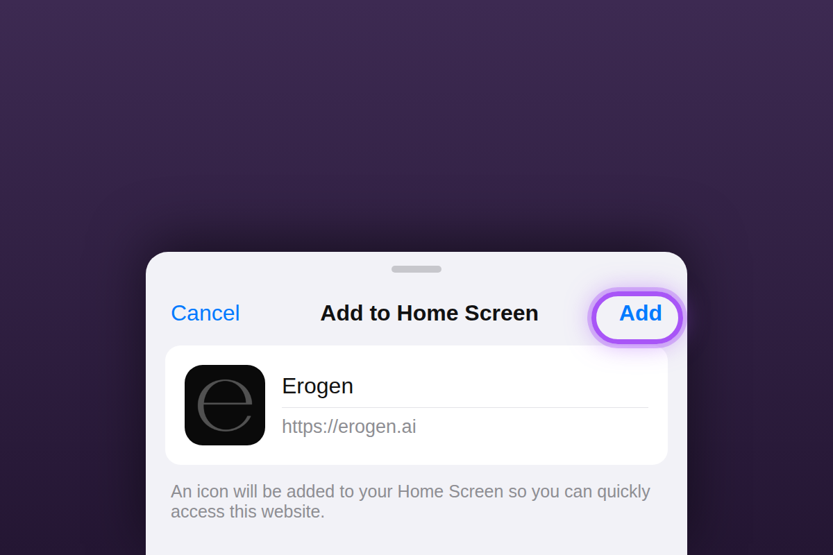 iOS Add to Home Screen confirmation with the Add button highlighted
